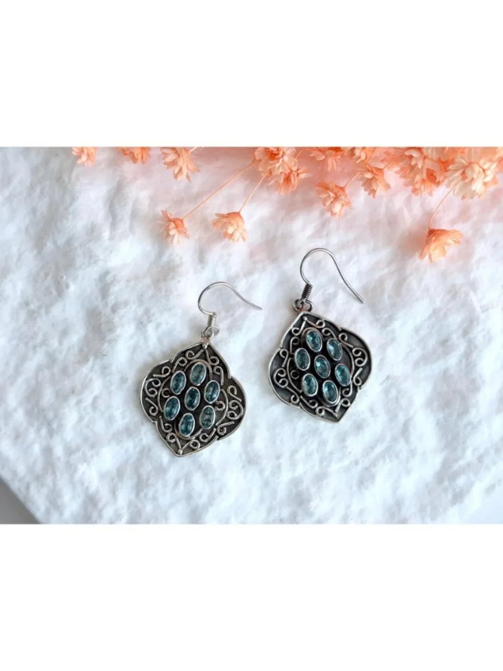 Blue Topaz Gemstone Oval Balinese Inspired Sterling Silver Vintage 925 Earrings - Picture 14 of 14